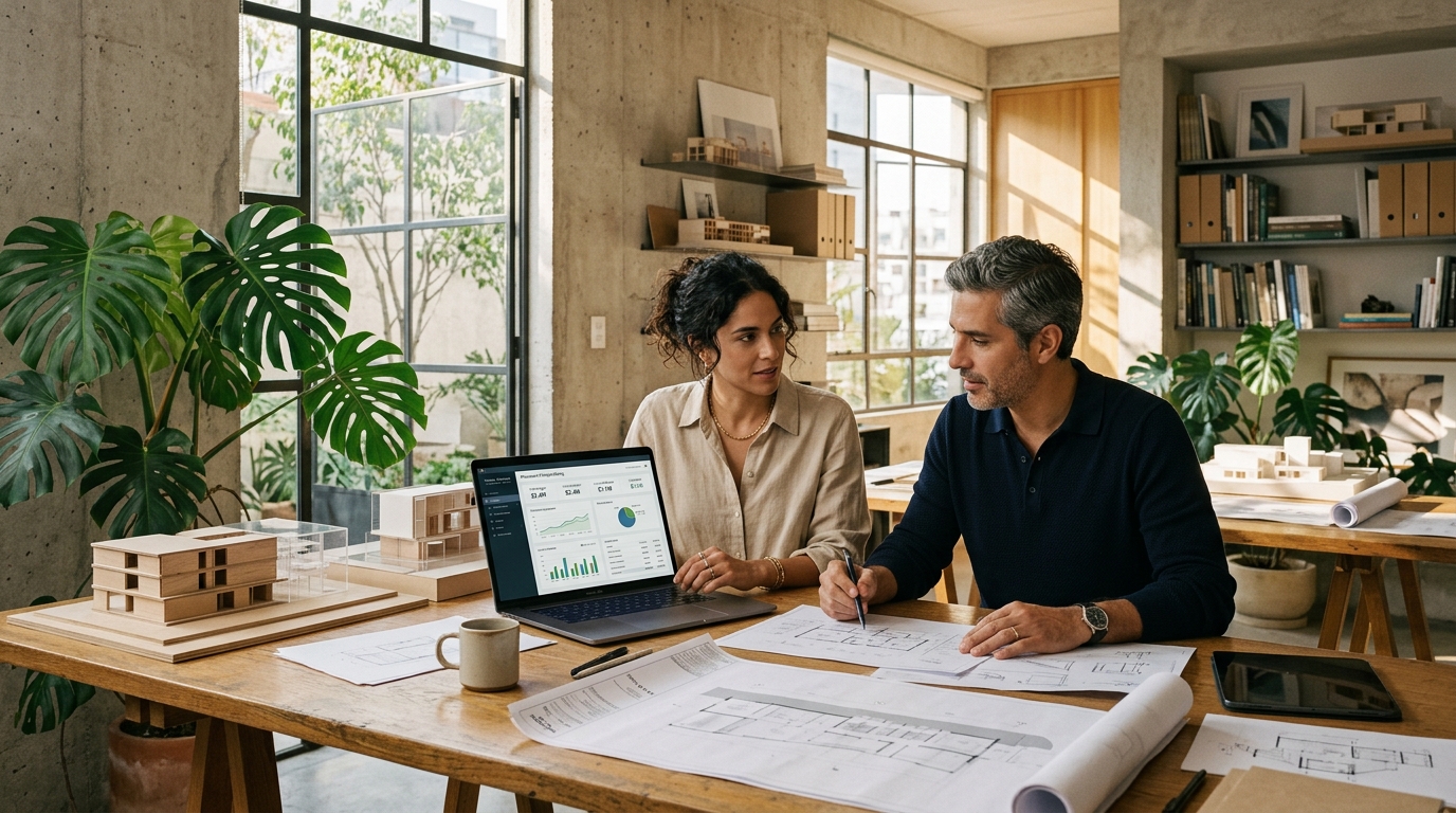 Arquitectos contemporáneos trabajando en planos y finanzas de obra