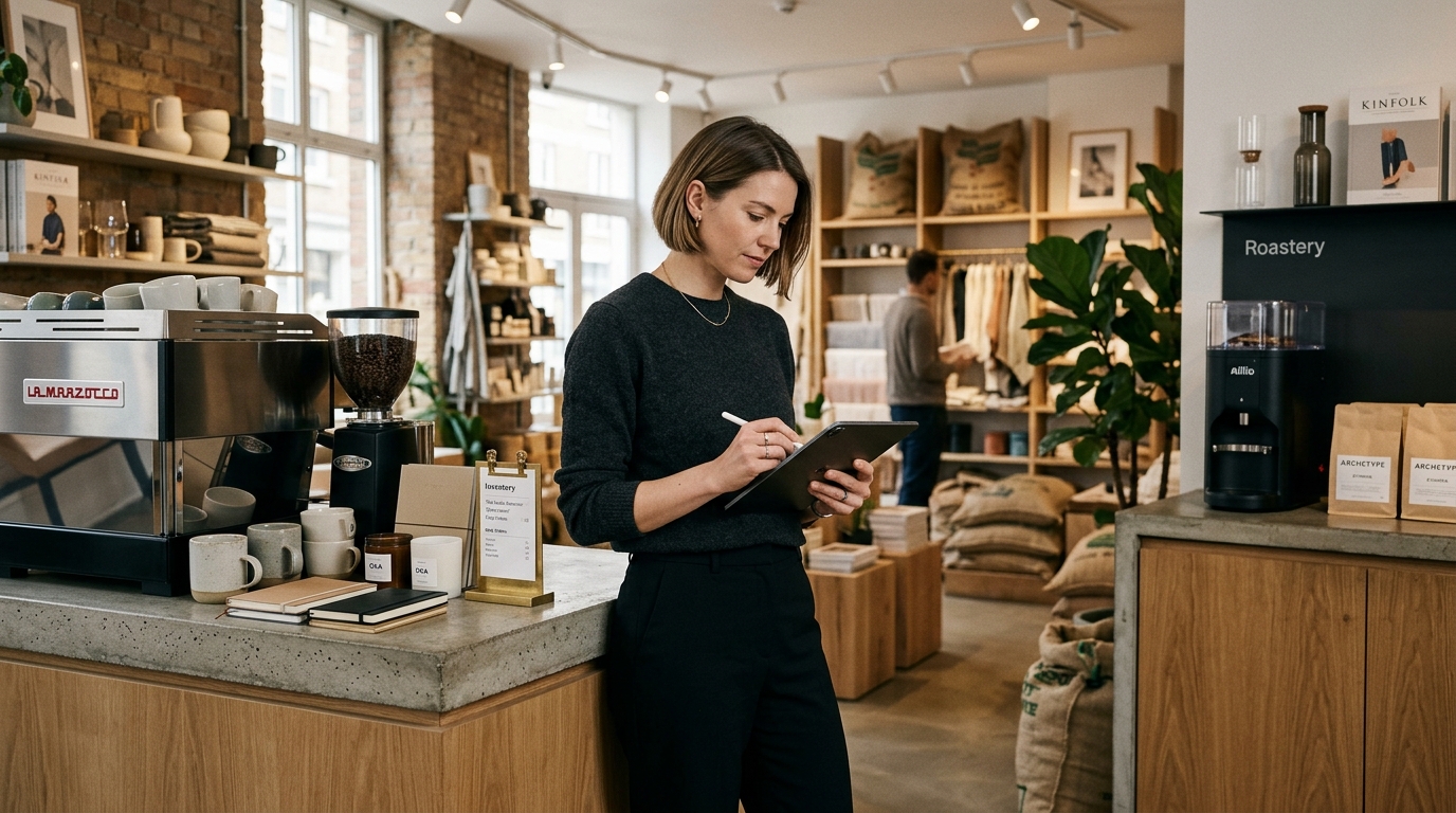 Dueña de tienda boutique y cafetería de especialidad revisando ventas en tablet